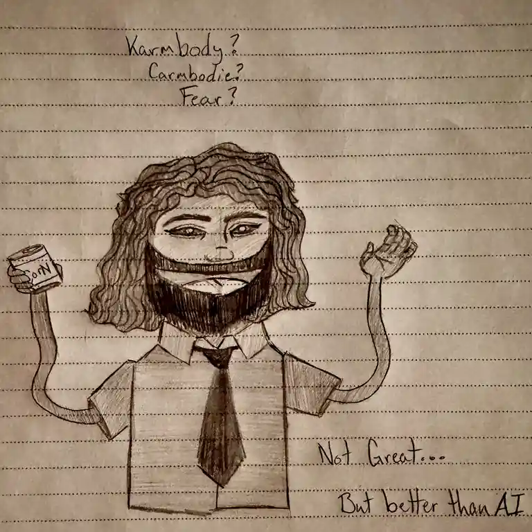 A hand-drawn sketch on lined notebook paper depicts a person with curly hair and a beard, wearing a collared shirt and tie…