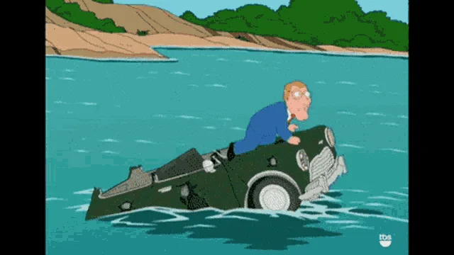 A cartoon man in a blue suit is shown in six panels progressively sinking into water after his car goes under. He starts…