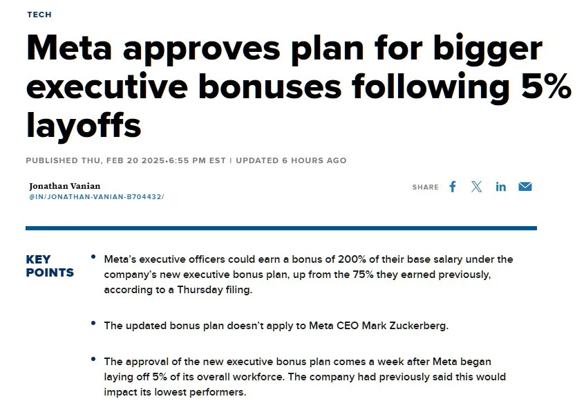 A screenshot of a news article headline reads 'Meta approves plan for bigger executive bonuses following 5% layoffs'. Below…
