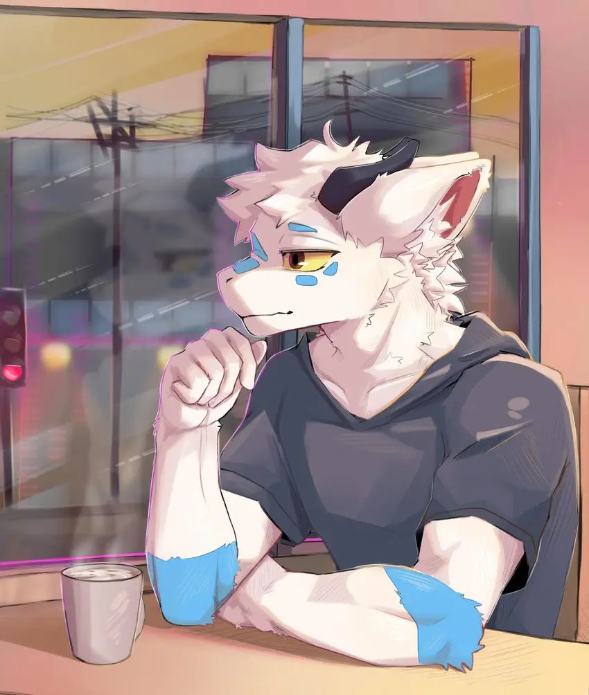 An anthropomorphic white wolf with blue markings and black horns sits at a cafe table, looking pensive with a steaming mug…