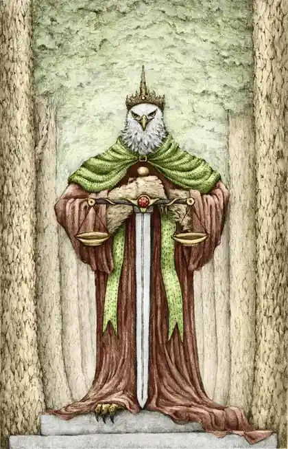 An illustration of a bald eagle wearing a crown and regal robes, standing on a stone pedestal between two tree trunks while…
