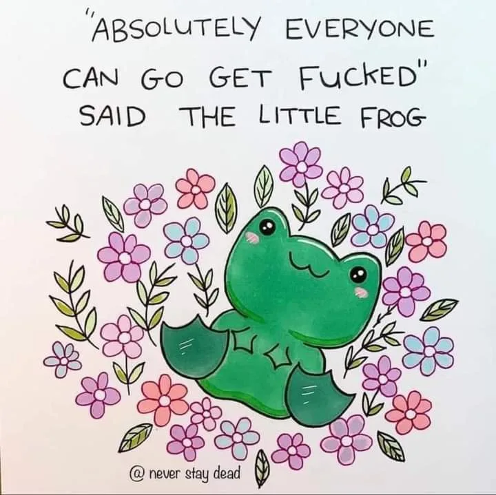 A cute, cartoon-style green frog with a smiling face sits surrounded by colorful flowers and leaves. The text overlaid on…