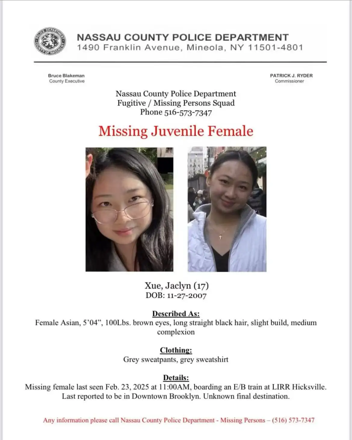 This image is a fake missing person poster from the Nassau County Police Department, featuring two photos of a young Asian…