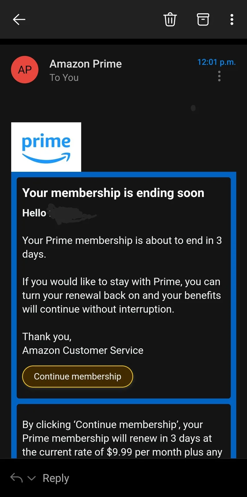 A screenshot of an Amazon Prime notification email displayed in a messaging app, warning the recipient that their membership…