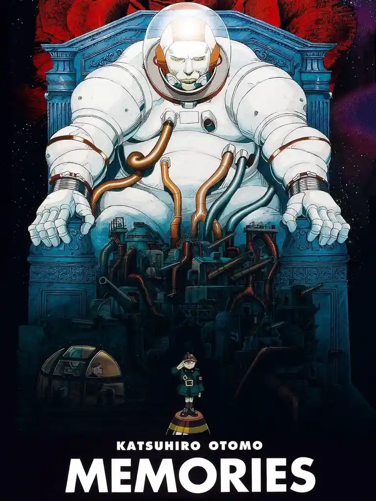 A giant astronaut in a white spacesuit sits on a blue throne with pipes and machinery emerging from his torso, while a tiny…