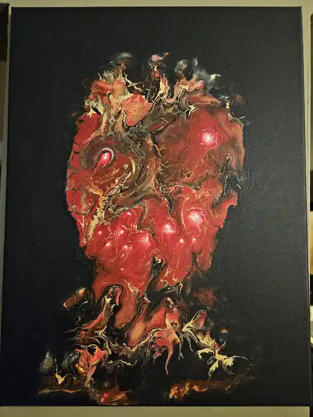 A canvas painting depicts an abstract, swirling mass of red, black, and gold paint forming a vaguely heart-shaped…