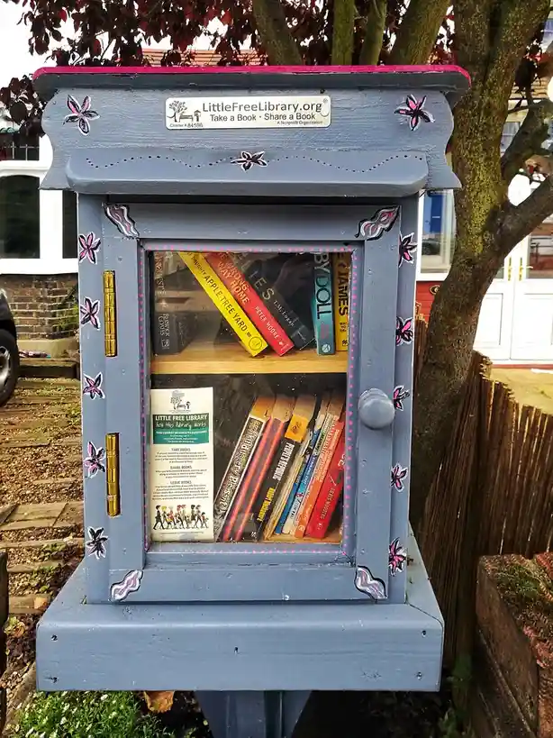 A blue, hand-painted outdoor book exchange box, labeled 'LittleFreeLibrary.org', is mounted on a post beside a tree and…