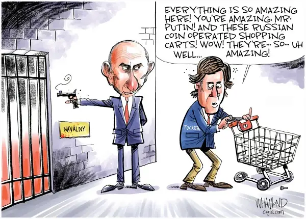 A cartoon depicts Vladimir Putin holding a pistol while standing in front of a barred door labeled 'NAVALNY'. To his right…