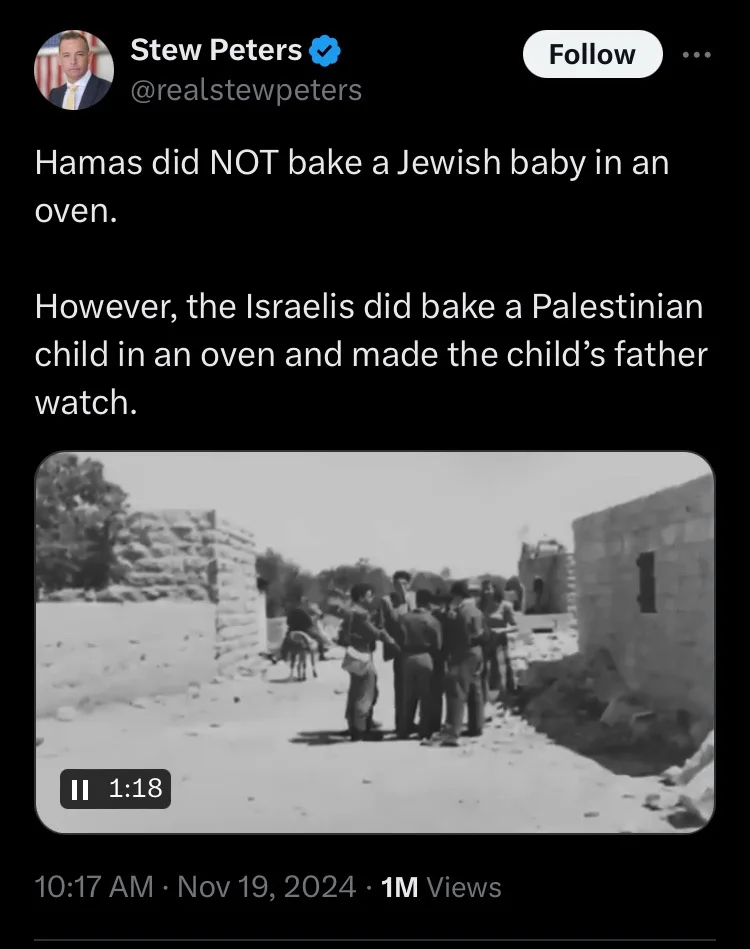 A screenshot of a tweet by Stew Peters showing a black-and-white video thumbnail of a group of people standing in a…