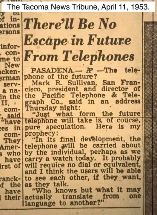 A yellowed newspaper clipping from The Tacoma News Tribune dated April 11, 1953, features a headline predicting the future…