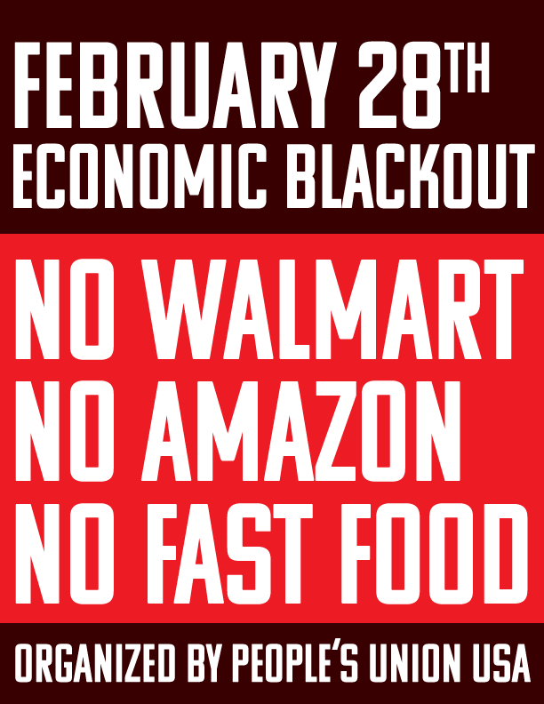 A bold red and dark maroon poster-style image with white text announces a 'February 28th Economic Blackout' organized by…