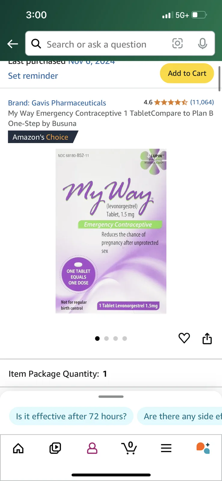 An amazon product page for 'My Way Emergency Contraceptive 1 Tablet' by Gavis Pharmaceuticals, showing the product image…