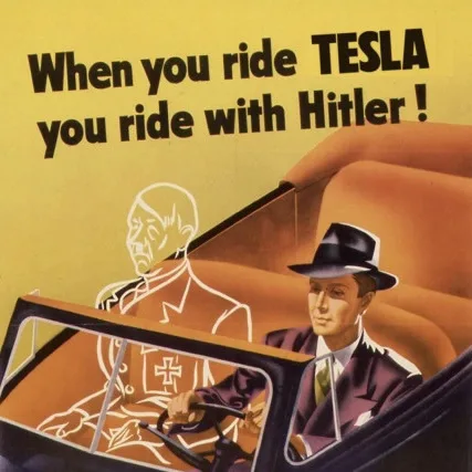 A vintage-style illustration shows a man in a suit and fedora driving a car, with a translucent, ghostly image of Adolf…