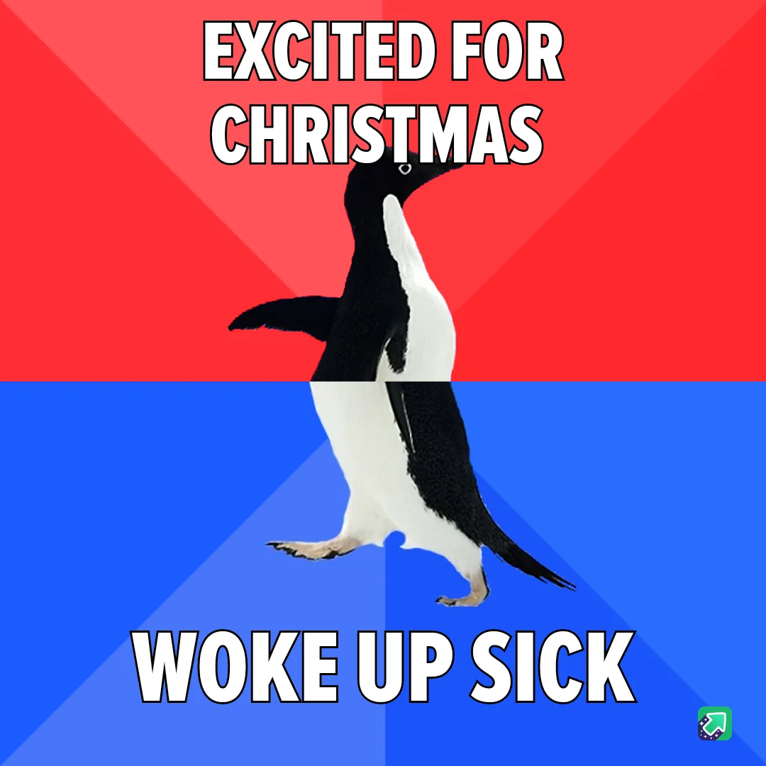 A penguin stands upright against a red and blue background, split horizontally. The top half reads 'EXCITED FOR CHRISTMAS'…