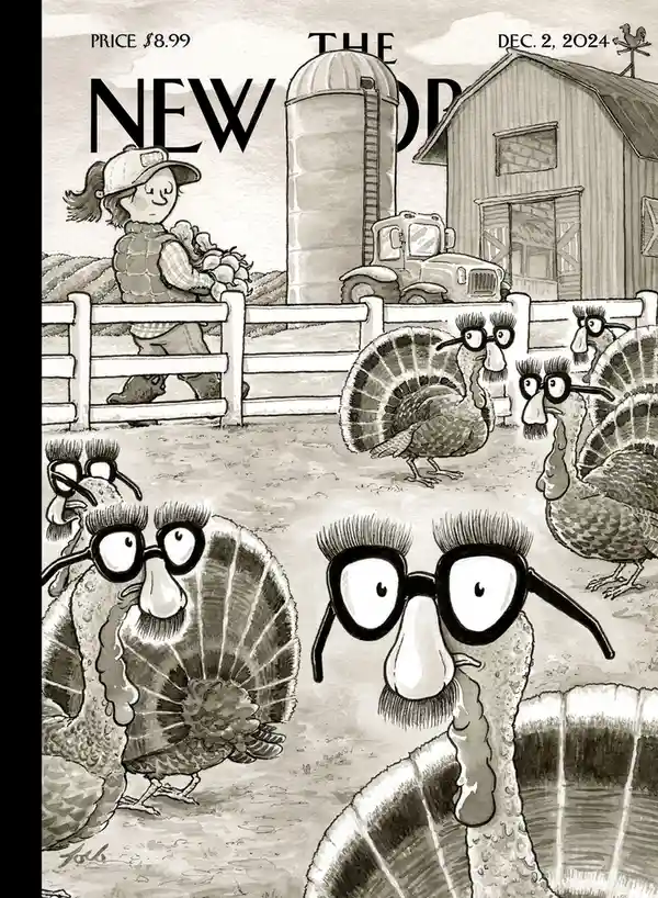 A black-and-white illustration mimicking a New Yorker magazine cover, featuring a young farm girl holding pumpkins behind a…