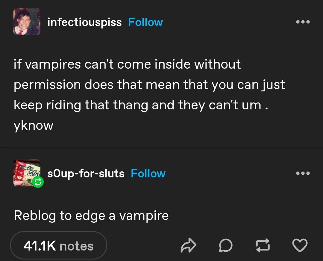 A screenshot of a Tumblr post showing a user named 'infectiousspiss' asking a joke question about vampires needing…