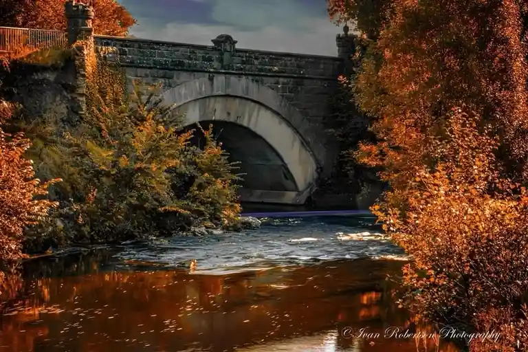 A scenic autumn photograph of a stone arch bridge over a river, framed by vibrant orange and yellow foliage on both banks…
