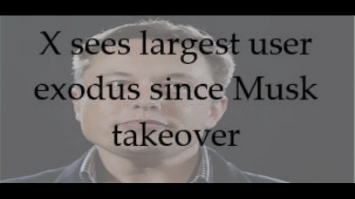 The image shows a close-up of Elon Musk's face with a neutral expression, overlaid with the text 'X sees largest user exodus…