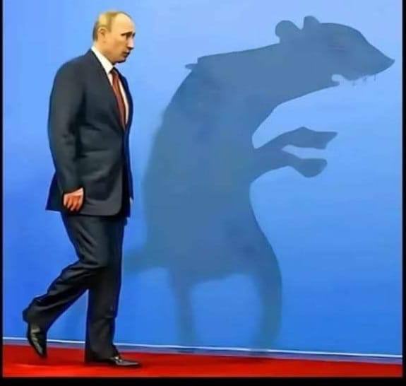 a man in a dark suit and tie walks on a red carpet against a blue wall, his shadow cast behind him forms the unmistakable…
