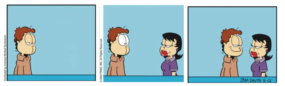 A three-panel comic strip shows a man with brown hair looking bored, then surprised as a woman with black hair and red lips…