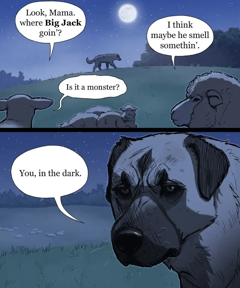 A two-panel comic strip depicts sheep at night under a full moon, frightened by a shadowy dog silhouette they call 'Big…