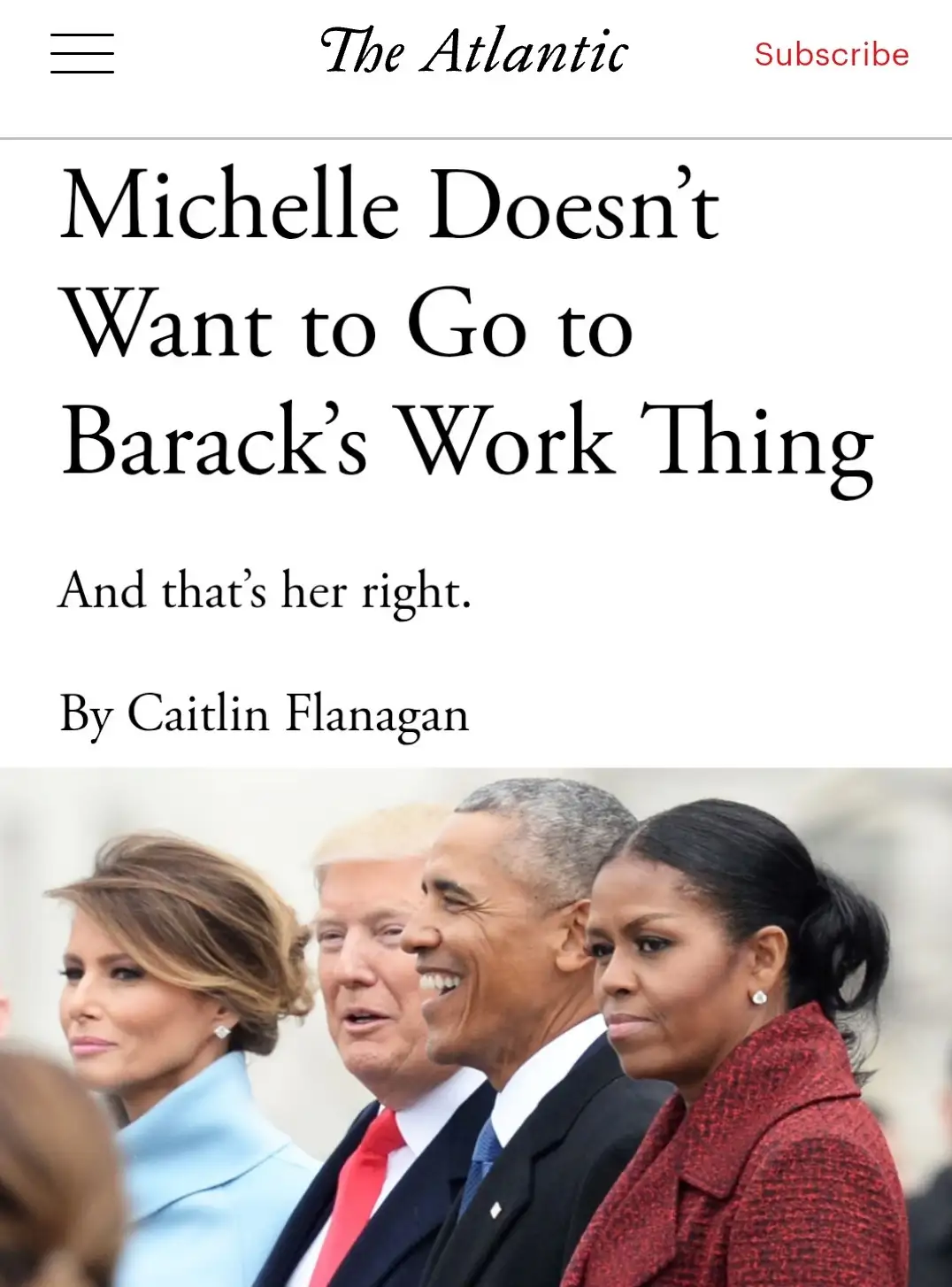 An image of Melania Trump, Donald Trump, Barack Obama, and Michelle Obama standing side by side, overlaid with text…