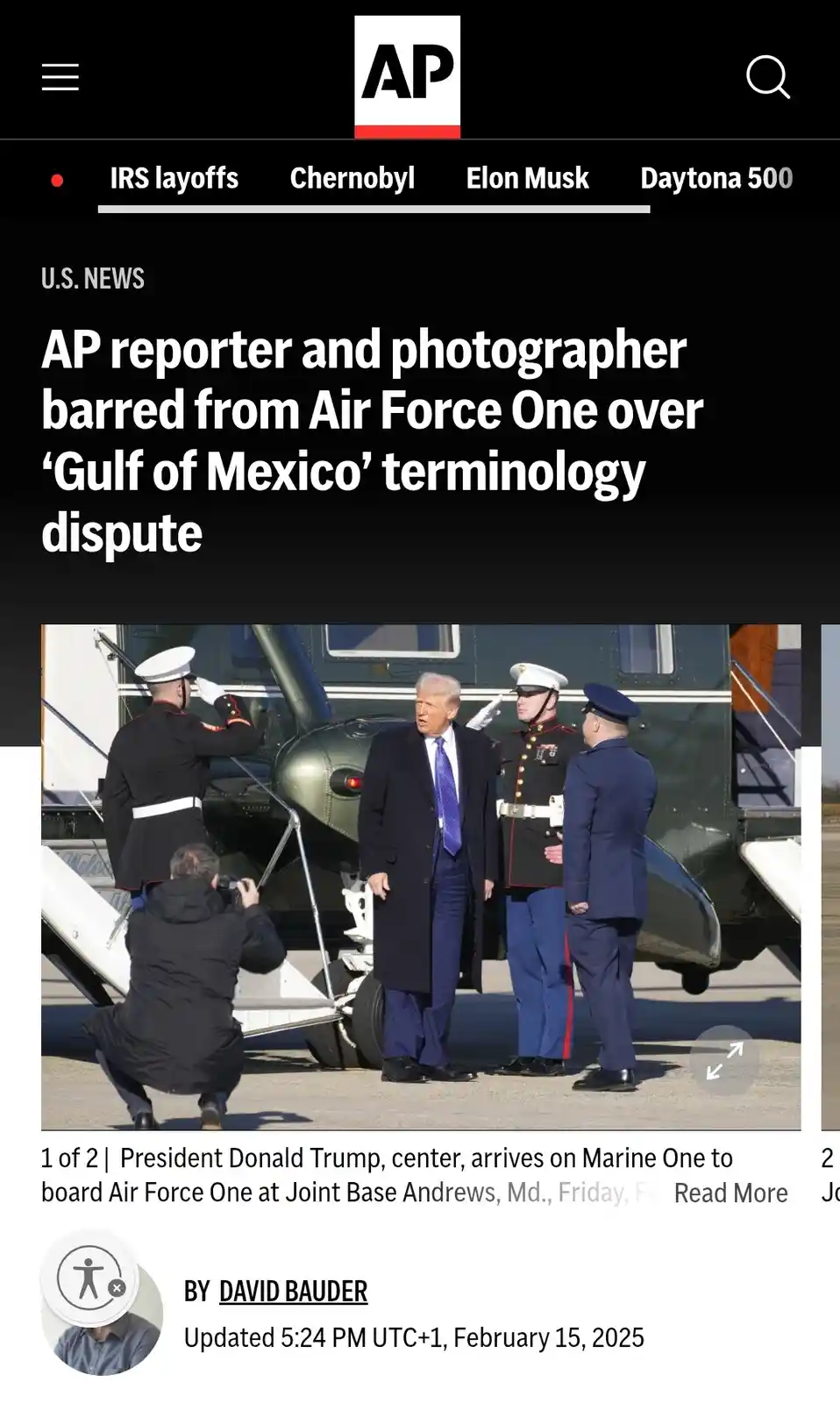 A screenshot of an Associated Press news article shows a photo of Donald Trump boarding a helicopter, with a reporter…