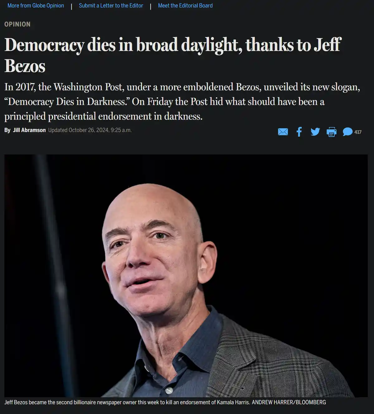 A screenshot of a Washington Post opinion article with a photo of Jeff Bezos. The headline reads 'Democracy dies in broad…
