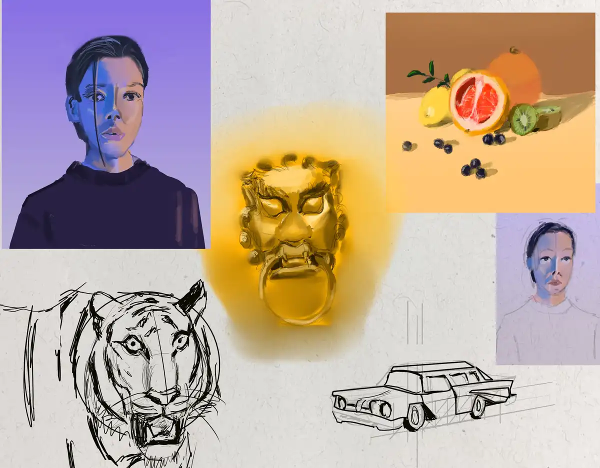 A collage of six distinct digital artworks: a portrait of a person with blue lighting, a golden lion-head door knocker, a…
