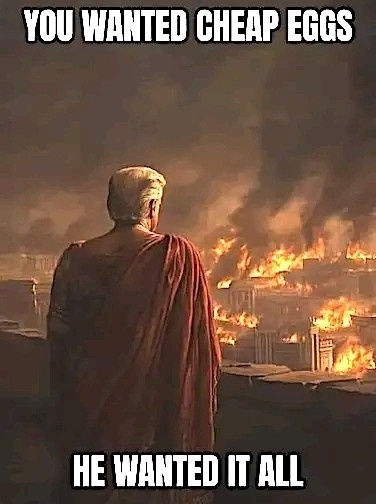 A man in a red toga stands with his back to the viewer, looking at a large city on fire in the background. White bold text…