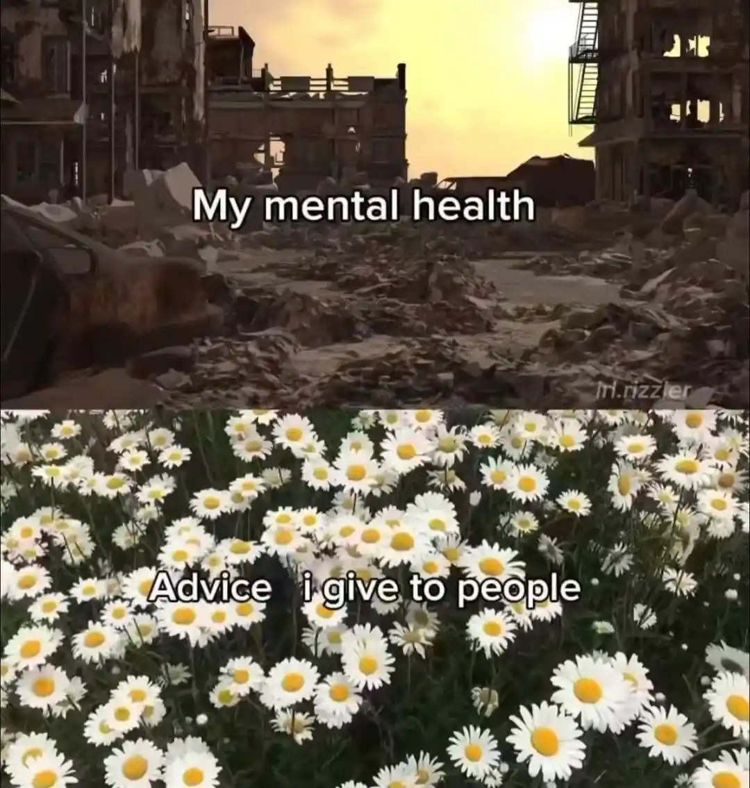 The image is split into two panels. The top panel shows a desolate, ruined urban landscape with rubble and destroyed…