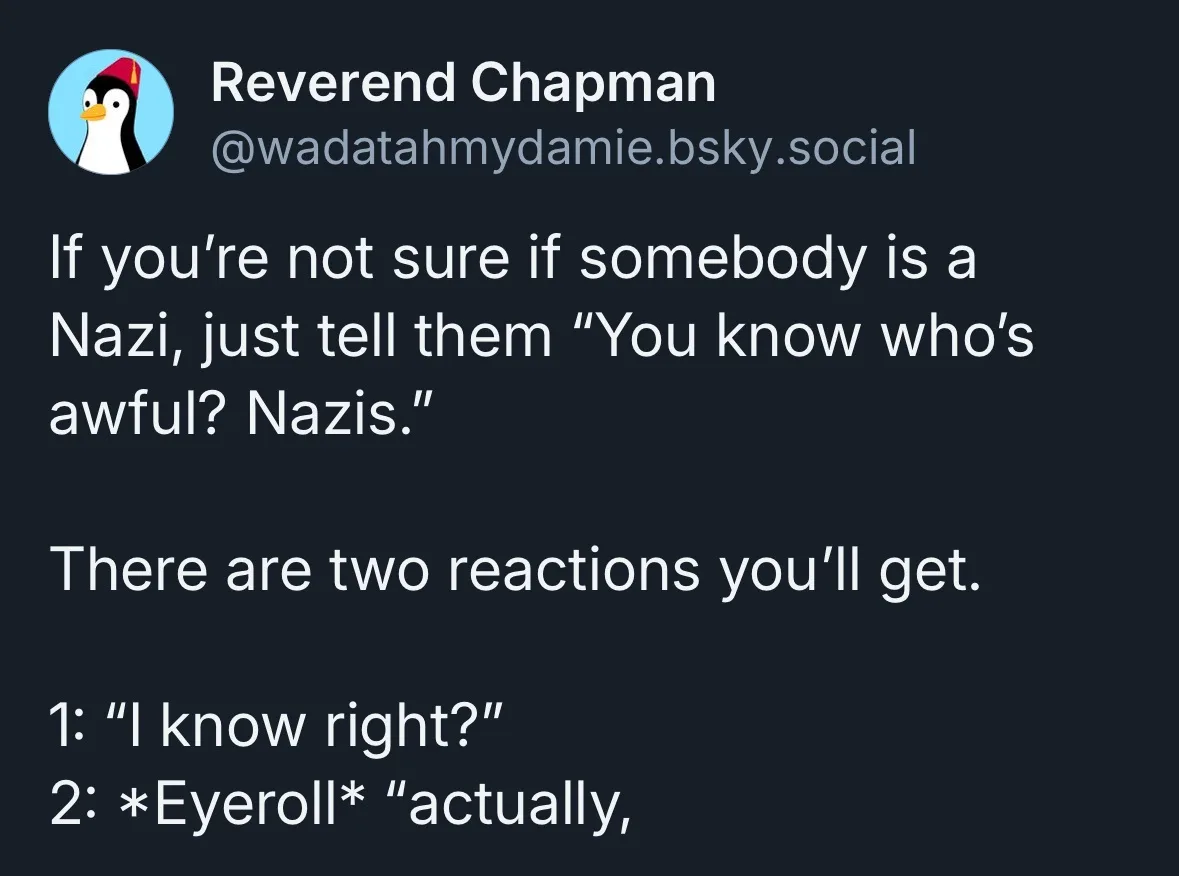 A screenshot of a social media post by 'Reverend Chapman' with a penguin avatar, displaying text that suggests asking…