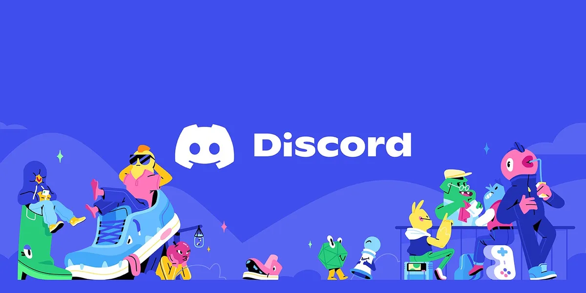 A vibrant blue promotional illustration for Discord featuring its logo and the word 'Discord' in white text. Various…