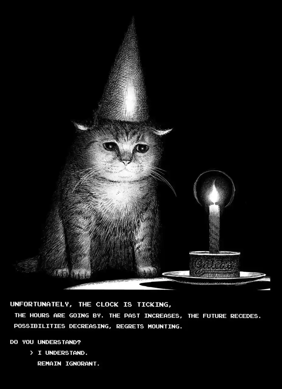 A black-and-white illustration shows a cat wearing a party hat, sitting beside a single candle on a cake. The image is…