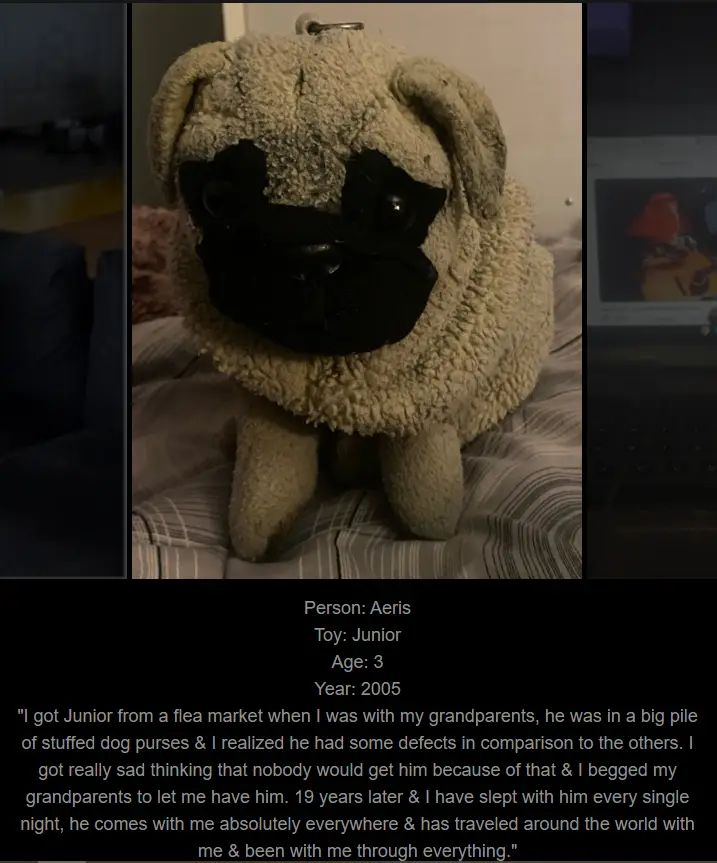 A close-up photo of a well-worn, fluffy stuffed pug toy with a black snout and eyes, sitting on a striped bedspread…