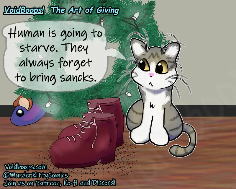 A cartoon cat sits beside a Christmas tree and a pair of red boots, looking concerned. A speech bubble says 'Human is going…