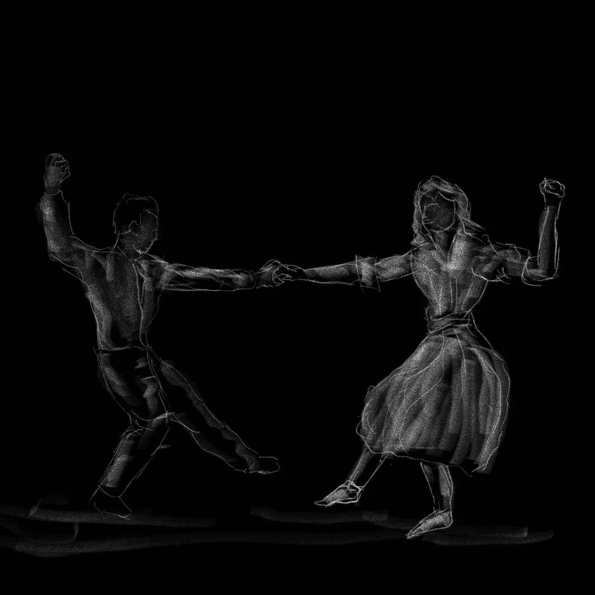 A black-and-white chalk-drawing style image shows a man and a woman dancing in a dynamic pose, holding hands and raising…