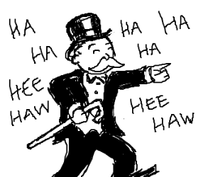 A black-and-white cartoon drawing of a man in a top hat and suit, pointing to the side while holding a cane. The image is…