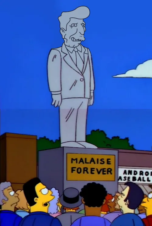 A statue of a man in a suit stands atop a pedestal with a yellow sign reading 'MALAISE FOREVER'. Below, a crowd of cartoon…