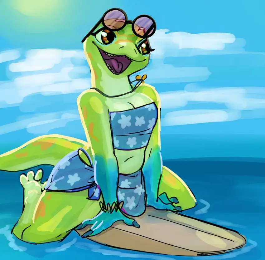 A cartoon green alligator wearing sunglasses and a blue floral bikini sits on a surfboard in the ocean, smiling widely with…