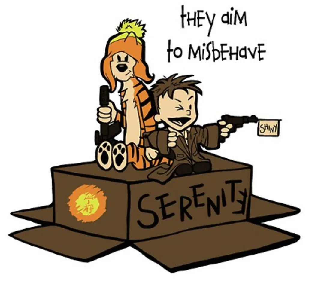 Two cartoon characters, a tiger in an orange beanie and a boy in a brown suit, sit atop a cardboard box labeled 'SERENITY'…