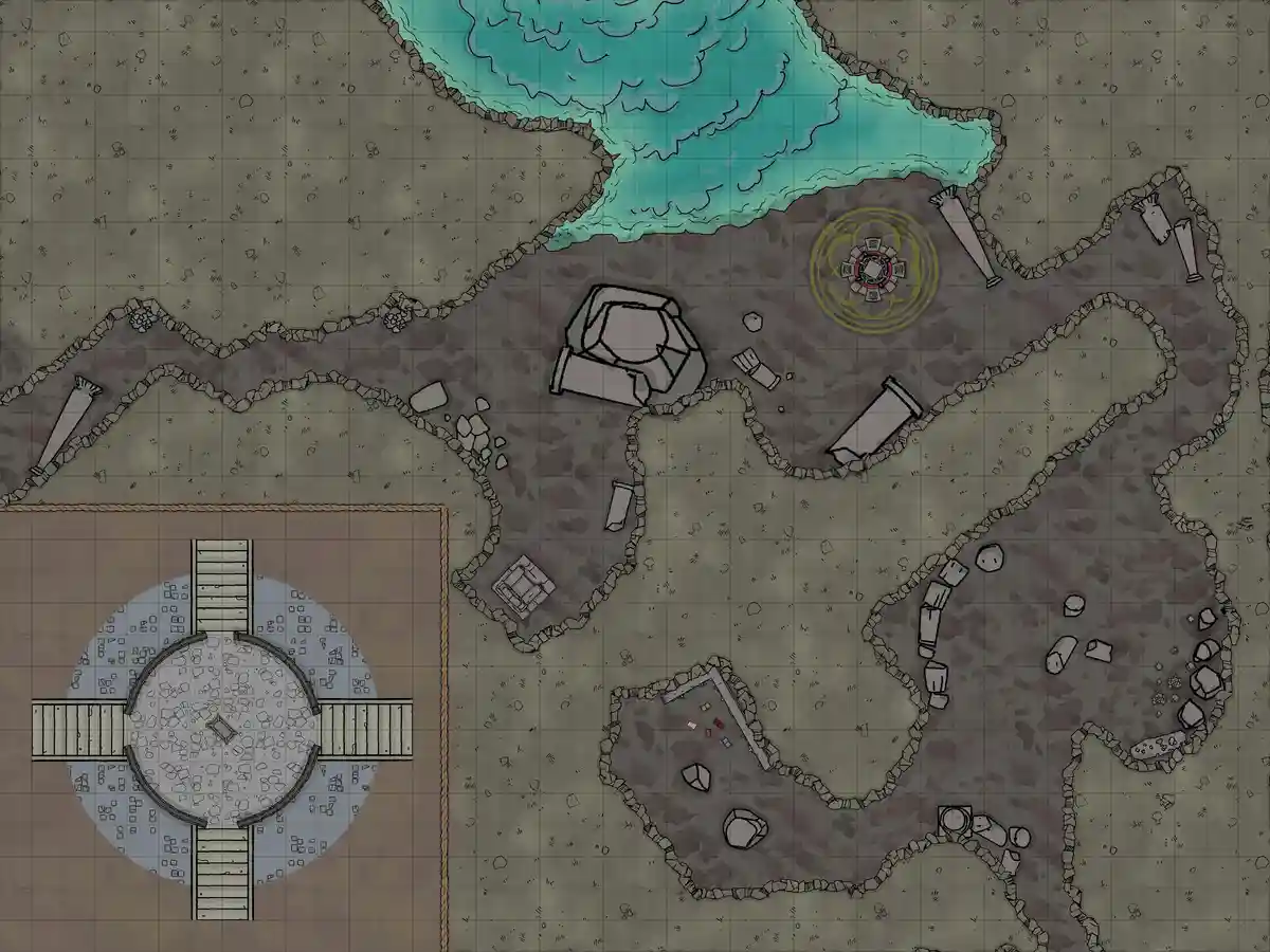 A hand-drawn fantasy dungeon map shows a circular room with four wooden bridges leading to it, surrounded by a grid. The…