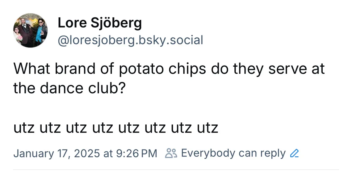A screenshot of a social media post by Lore Sjöberg showing a question about dance club snacks and the punchline 'utz utz…