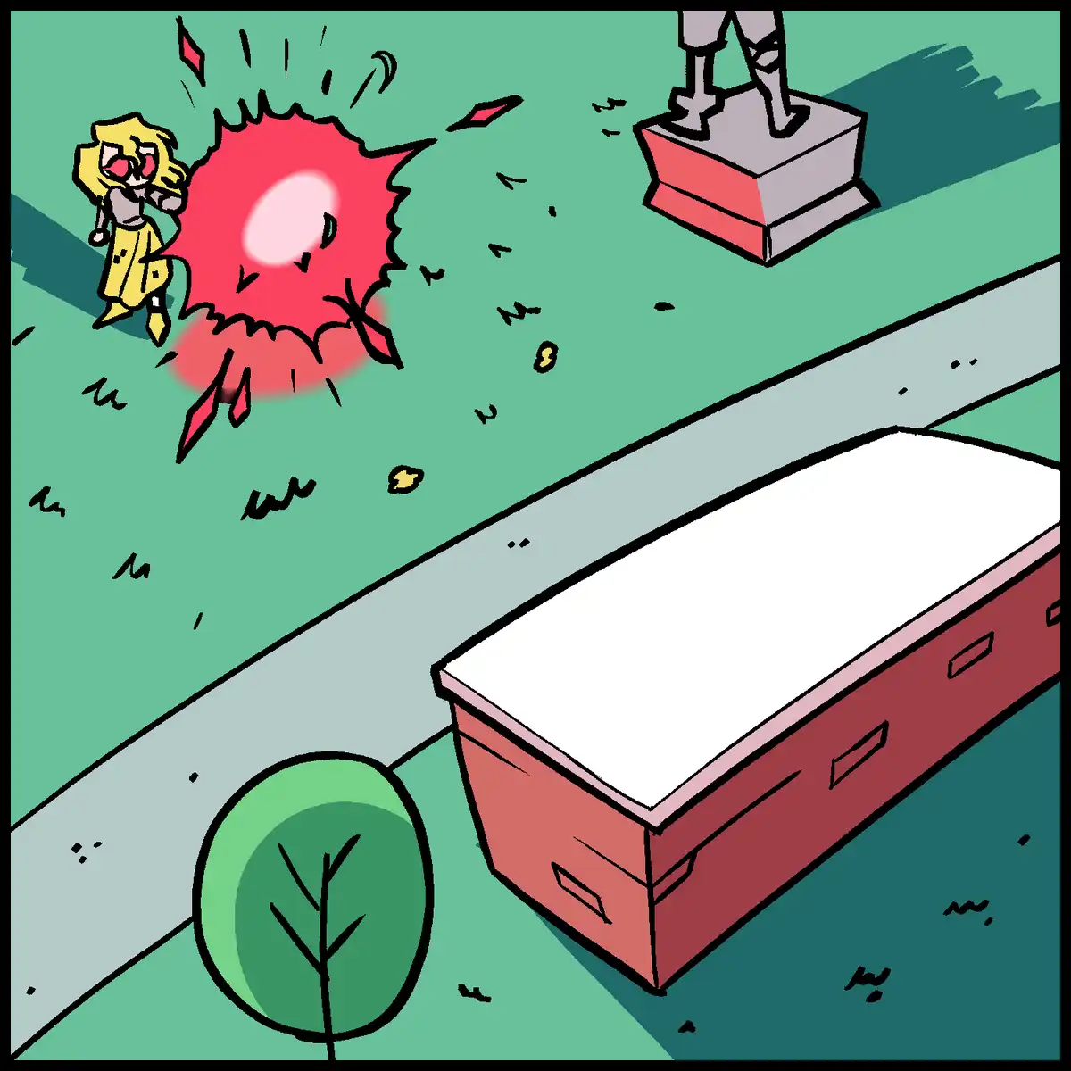 A cartoon character with blonde hair and red eyes is shown mid-air, having just exploded into a large red burst with debris…