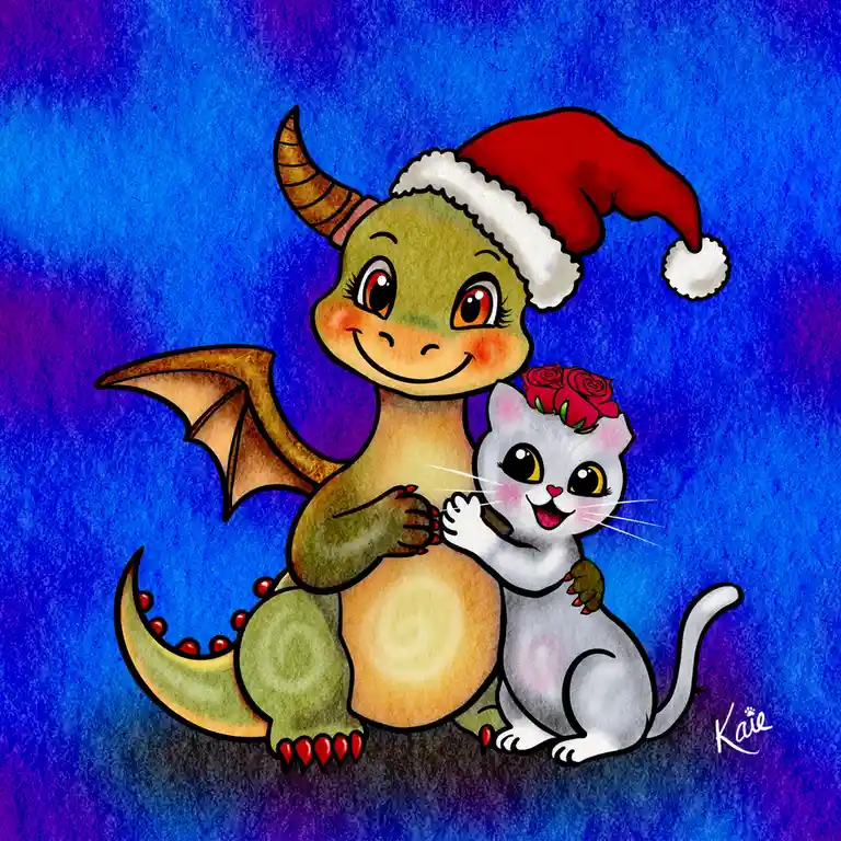 A cute, cartoon-style green dragon wearing a red Santa hat is hugging a white cat with red roses on its head. Both animals…