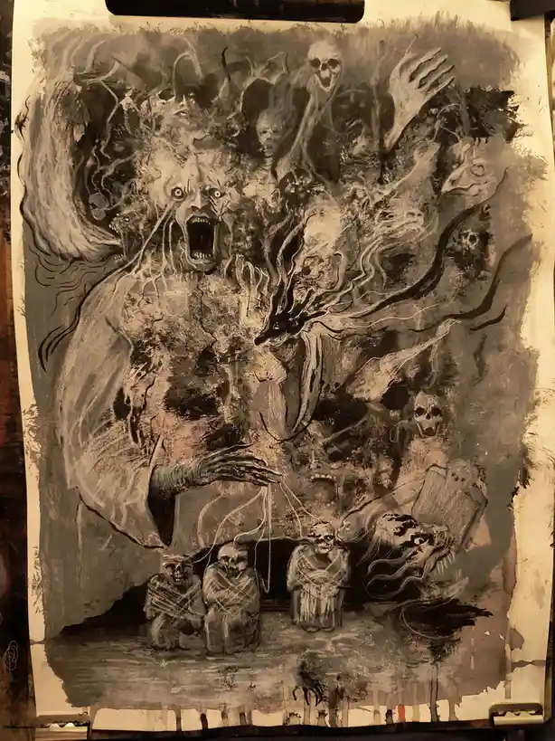 A sepia-toned, highly detailed horror illustration depicts a monstrous, screaming entity with multiple eyes and tentacles…