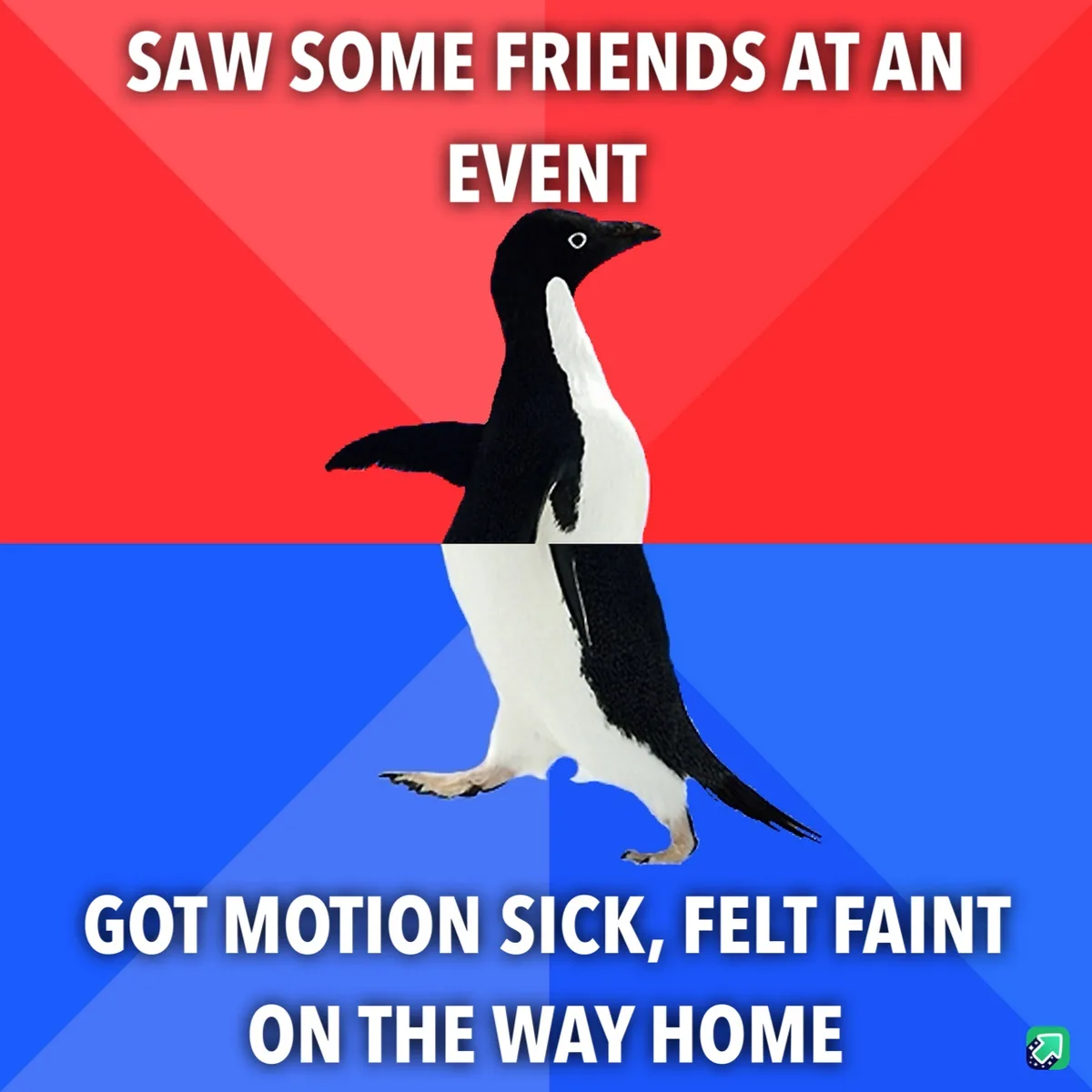 A penguin stands centered against a red and blue background, split diagonally. White bold text at the top reads 'SAW SOME…