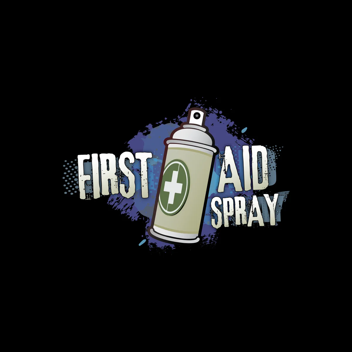 A cartoon illustration of a spray can with a green medical cross symbol on its side, set against a blue and purple paint…