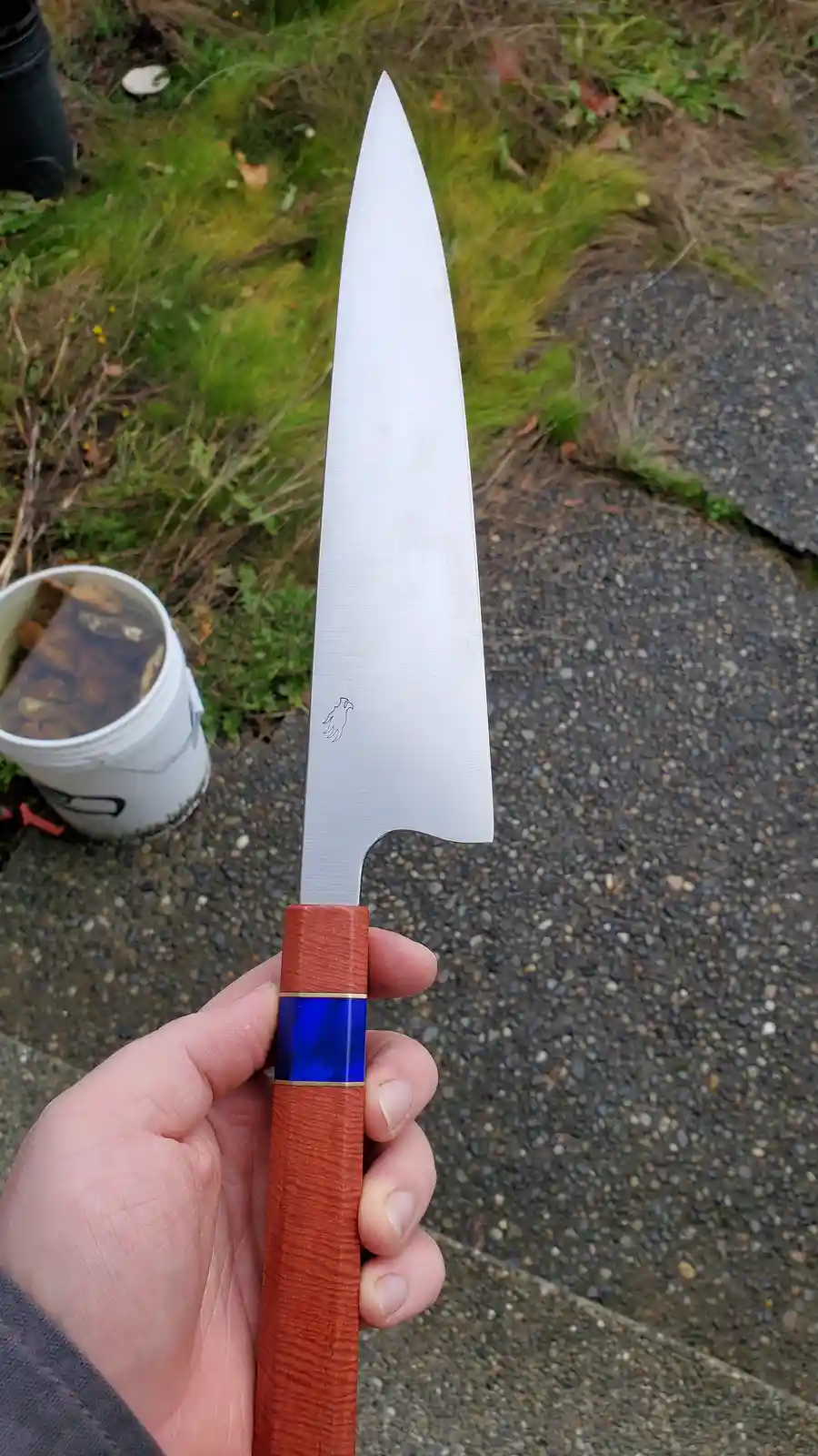 A hand holds up a custom-made knife with a wooden handle and a blue inlay, its blade featuring a small engraved bird. In the…
