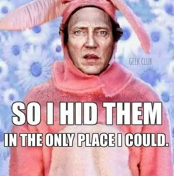 A man in a pink bunny costume with long ears looks distressed against a blue patterned background. The text overlaid reads…